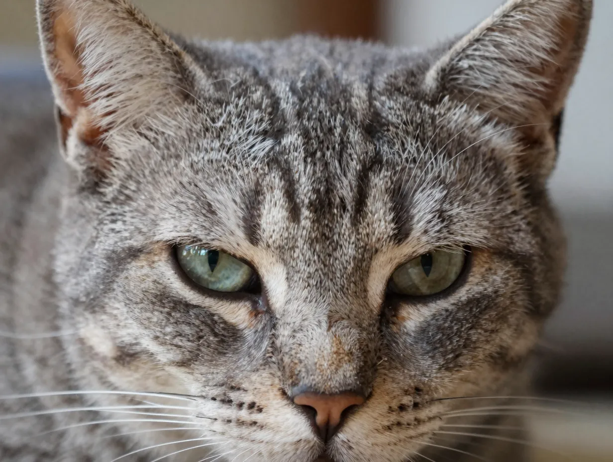 Gray tabby cat forehead close up m marking detail