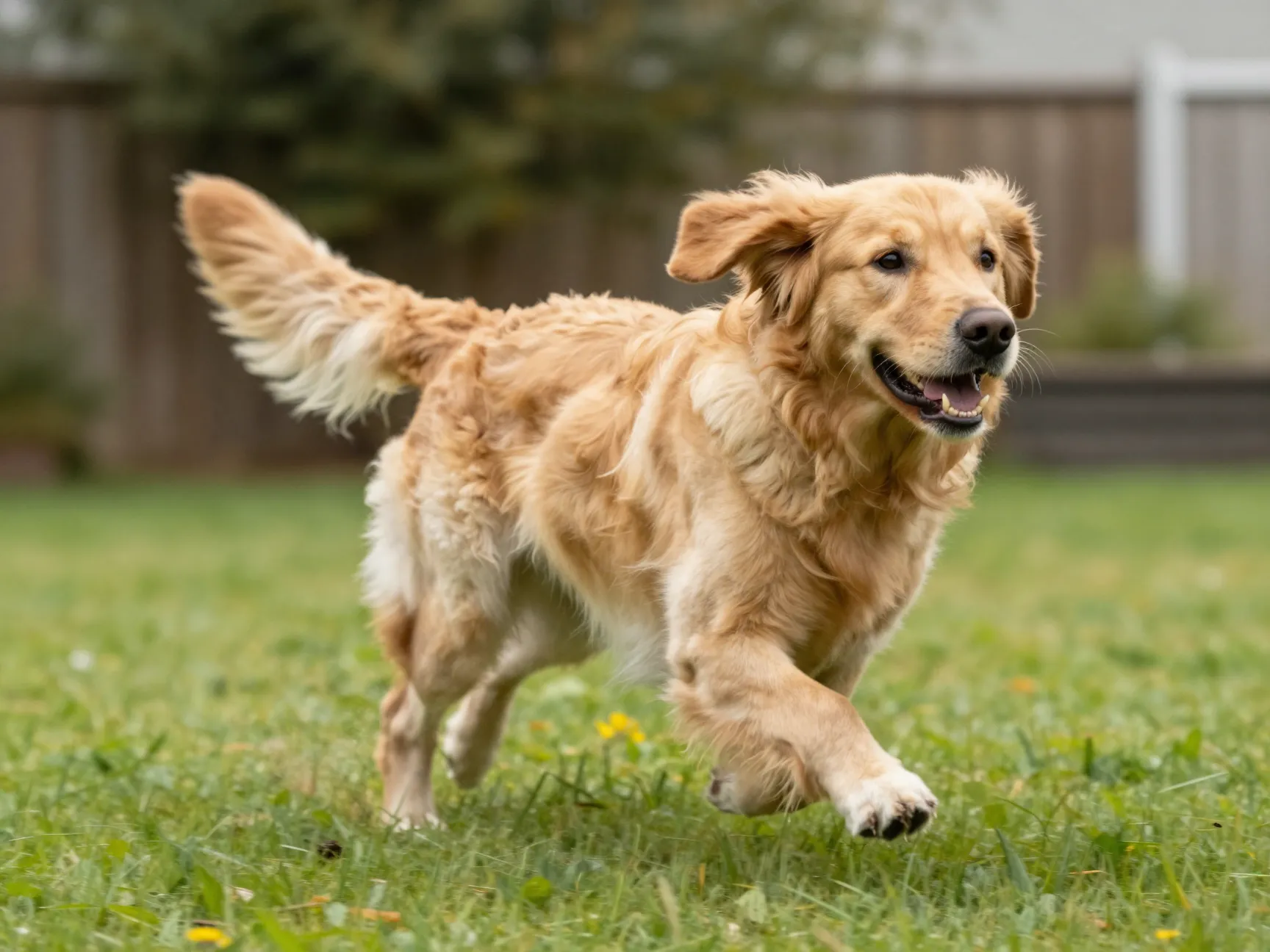 A golden retriever sprinting with ears back during chaotic zoomies