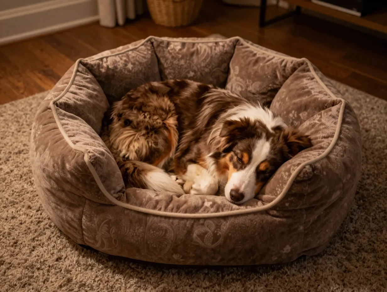 An australian shepherd curled up in a round donut style bed with high bolsters
