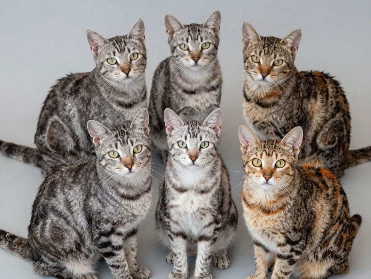 Five gray tabby cats showing different coat patterns together