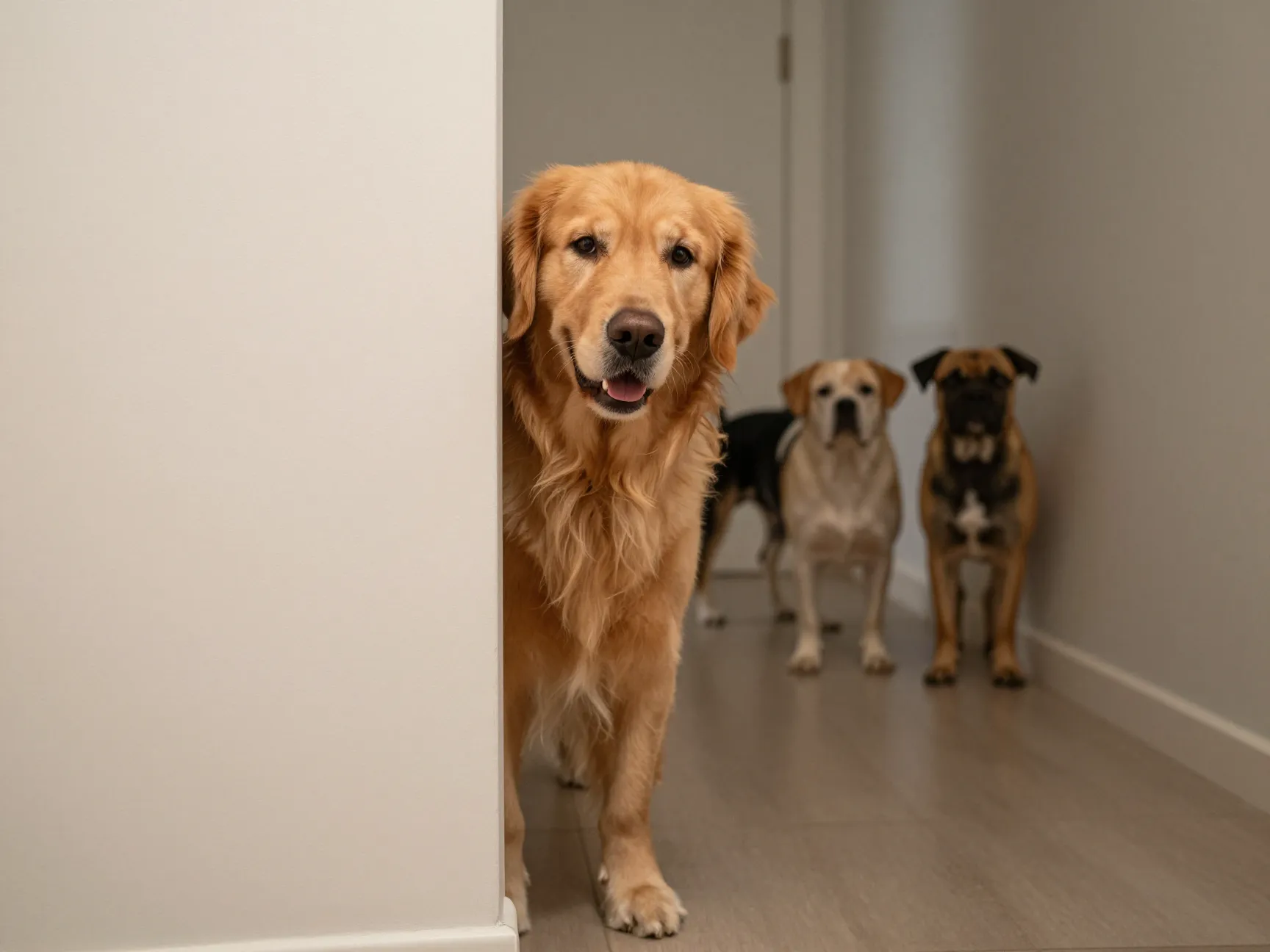 A golden retriever peeking around a corner in a hallway