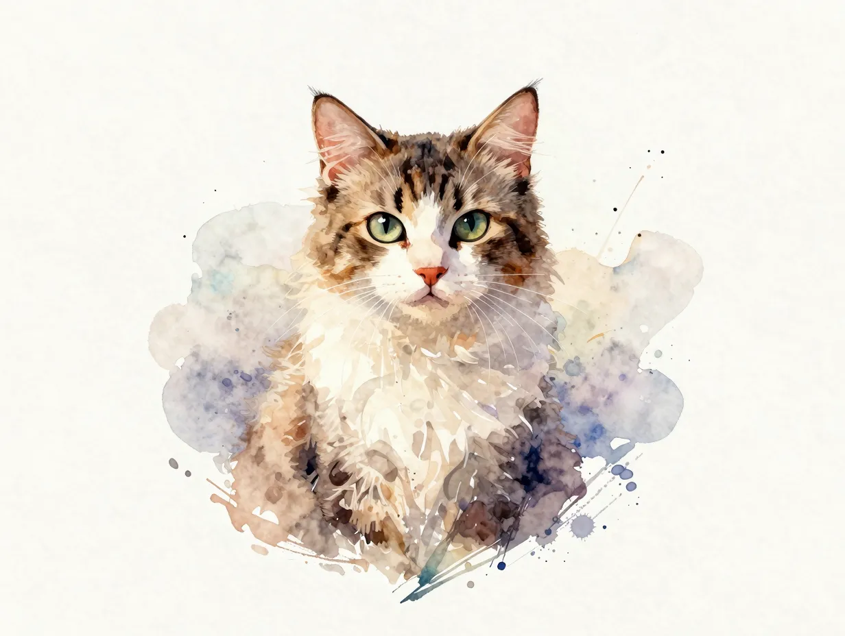 A hand painted watercolor cat illustration with loose expressive brushstrokes