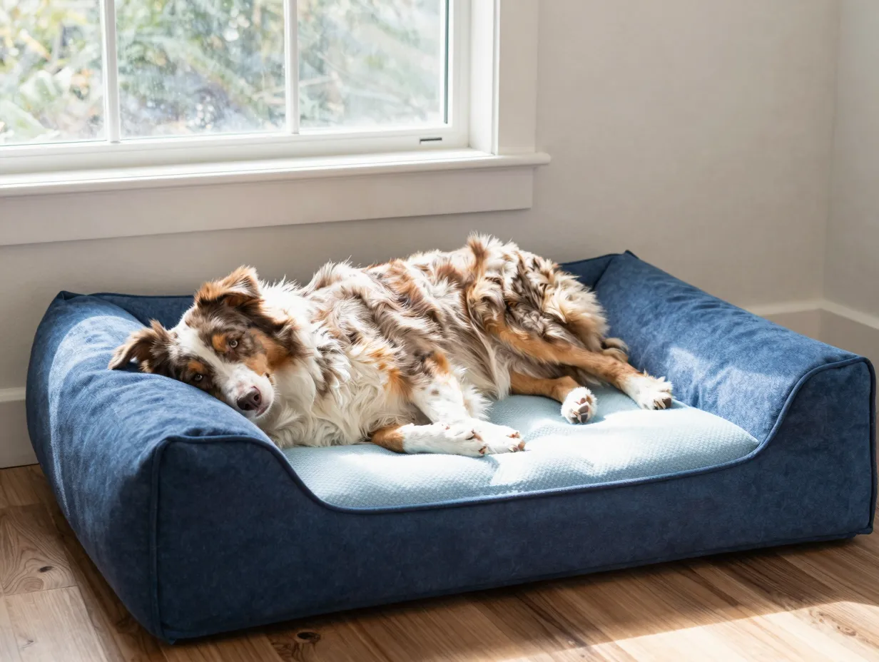 A large australian shepherd lying on a cooling gel memory foam bed in a sunlit room