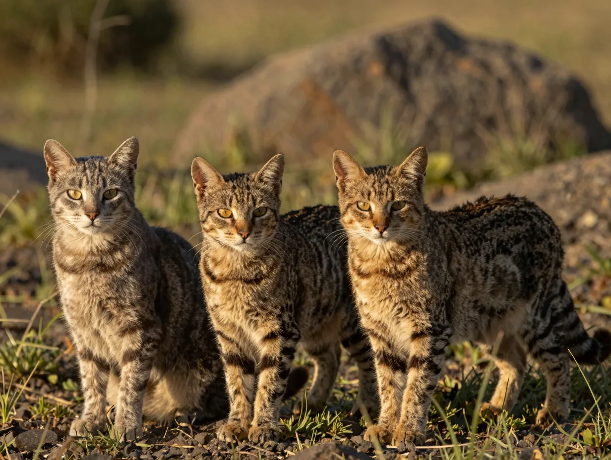 Gray tabby cat next to african wildcat side by side comparison