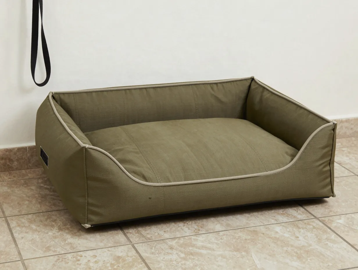 A durable ballistic nylon dog bed with reinforced stitching in a mudroom