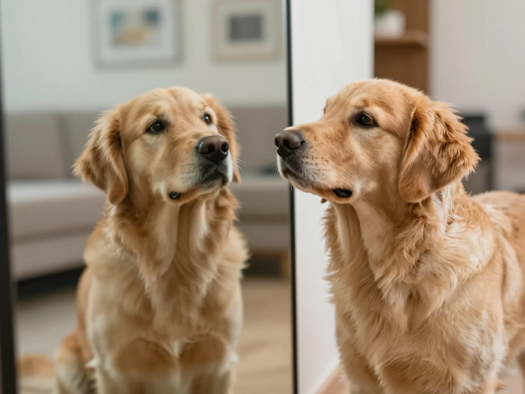 A silly golden retriever staring intently at its own reflection
