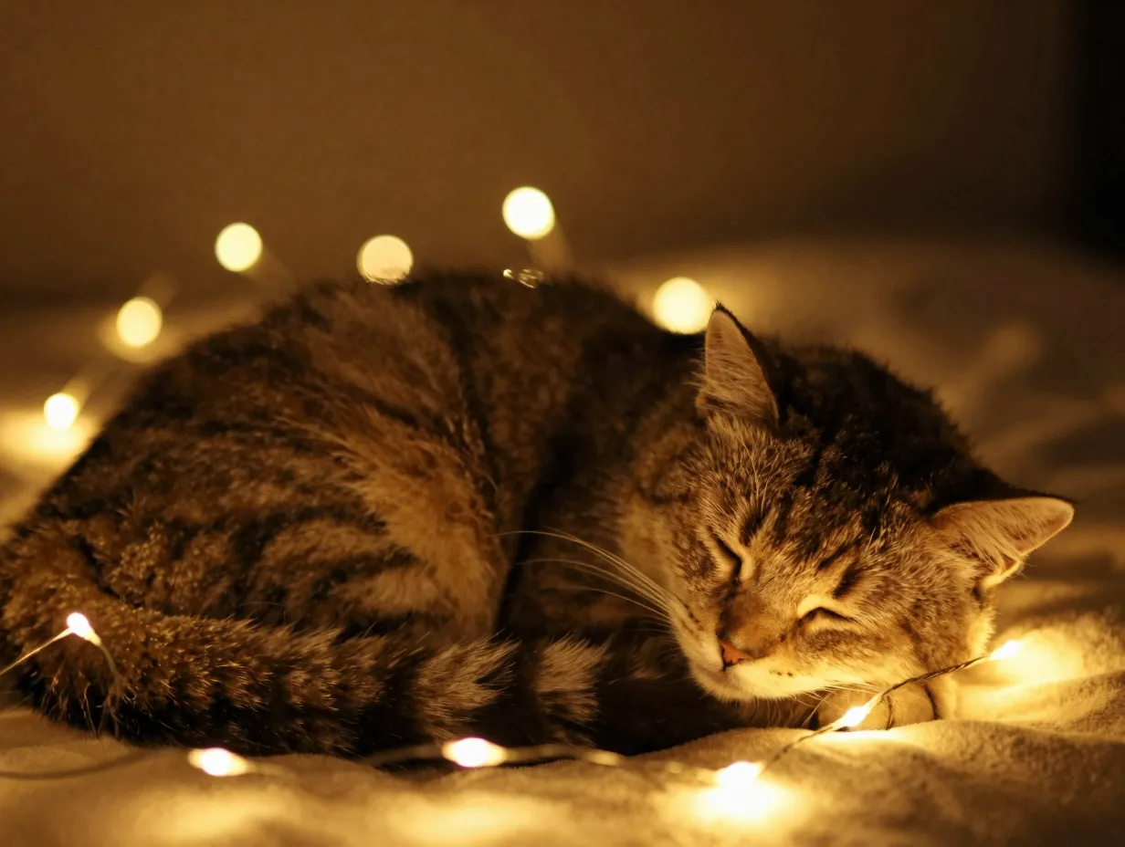 A sleepy cat curled up beside a string of warm golden fairy lights