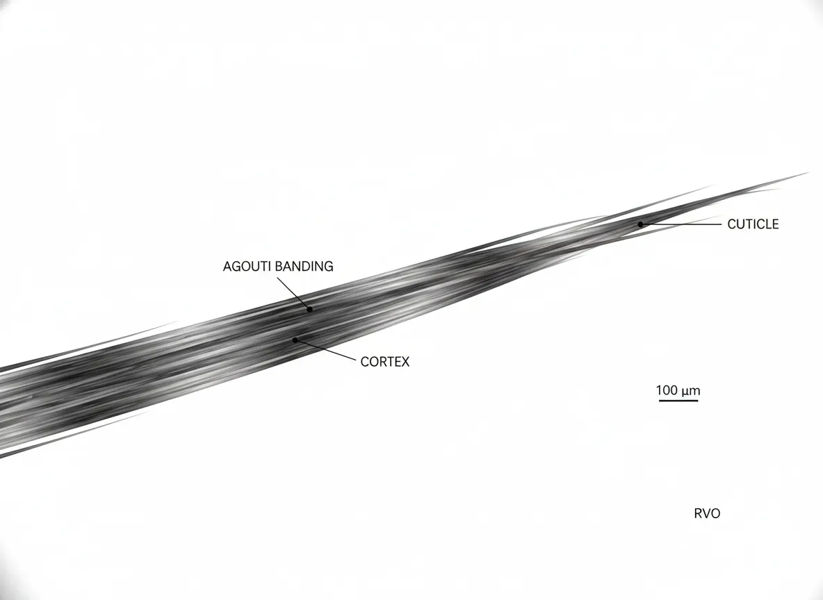Magnified view of gray tabby cat hair showing agouti bands
