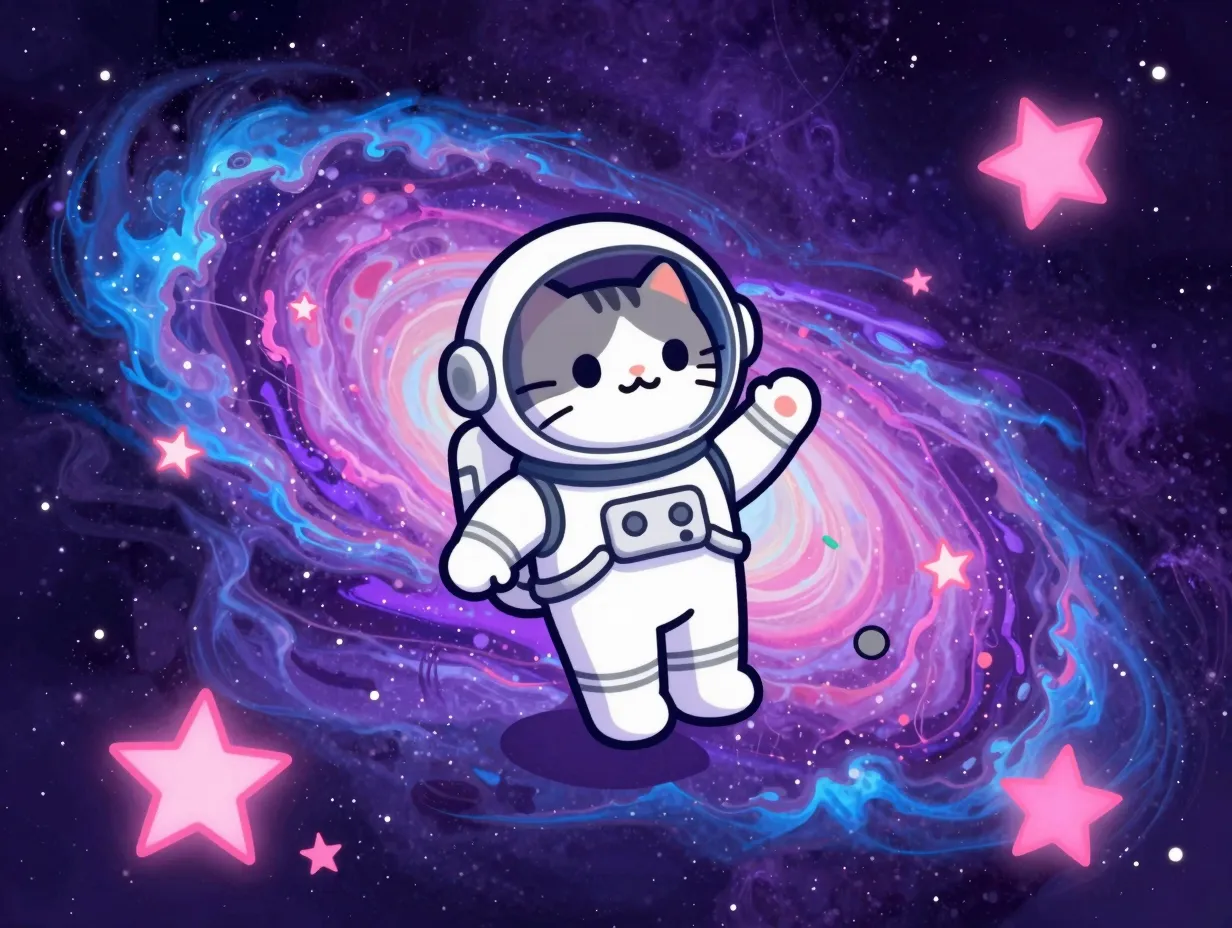 A cartoon cat in an astronaut suit floating through a colorful galaxy