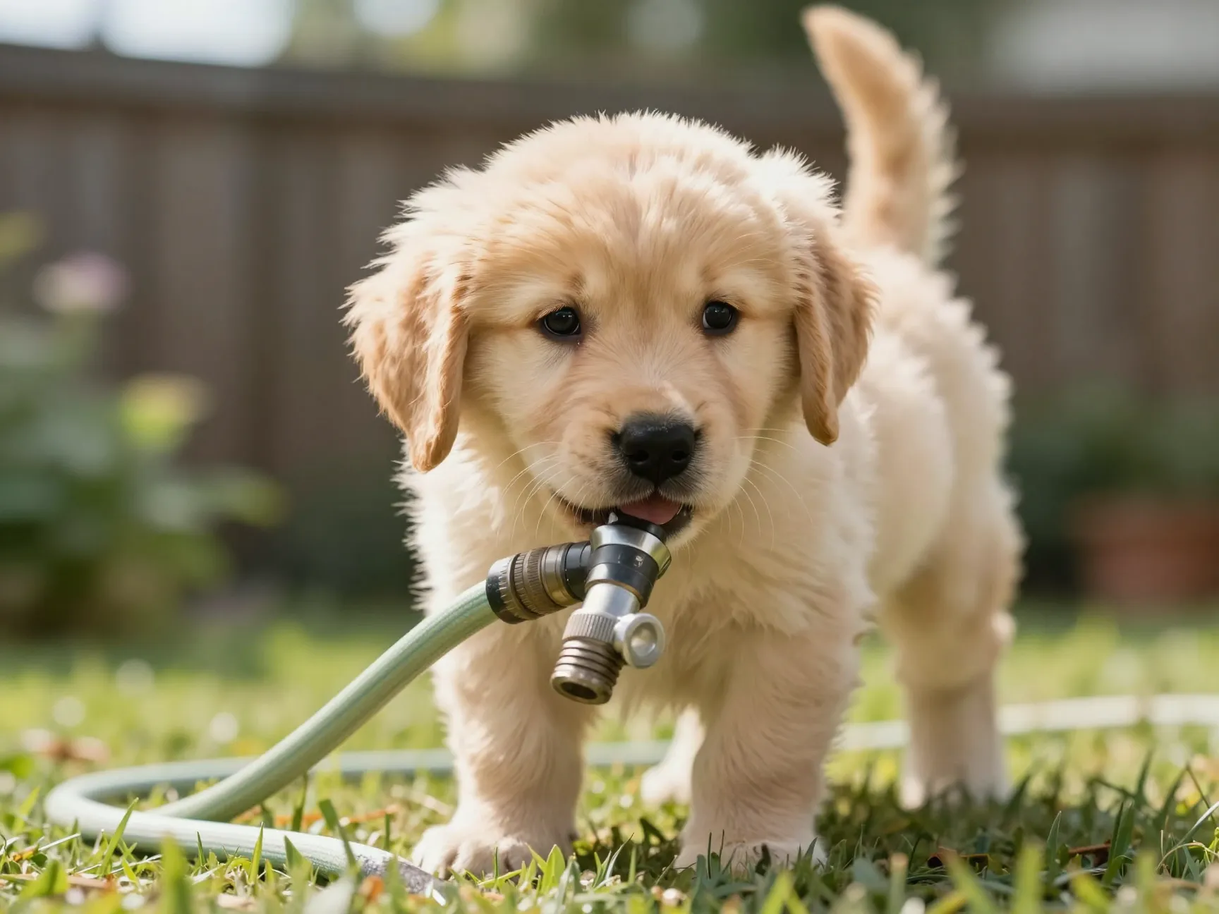A fluffy golden retriever puppy cautiously approaching a garden hose