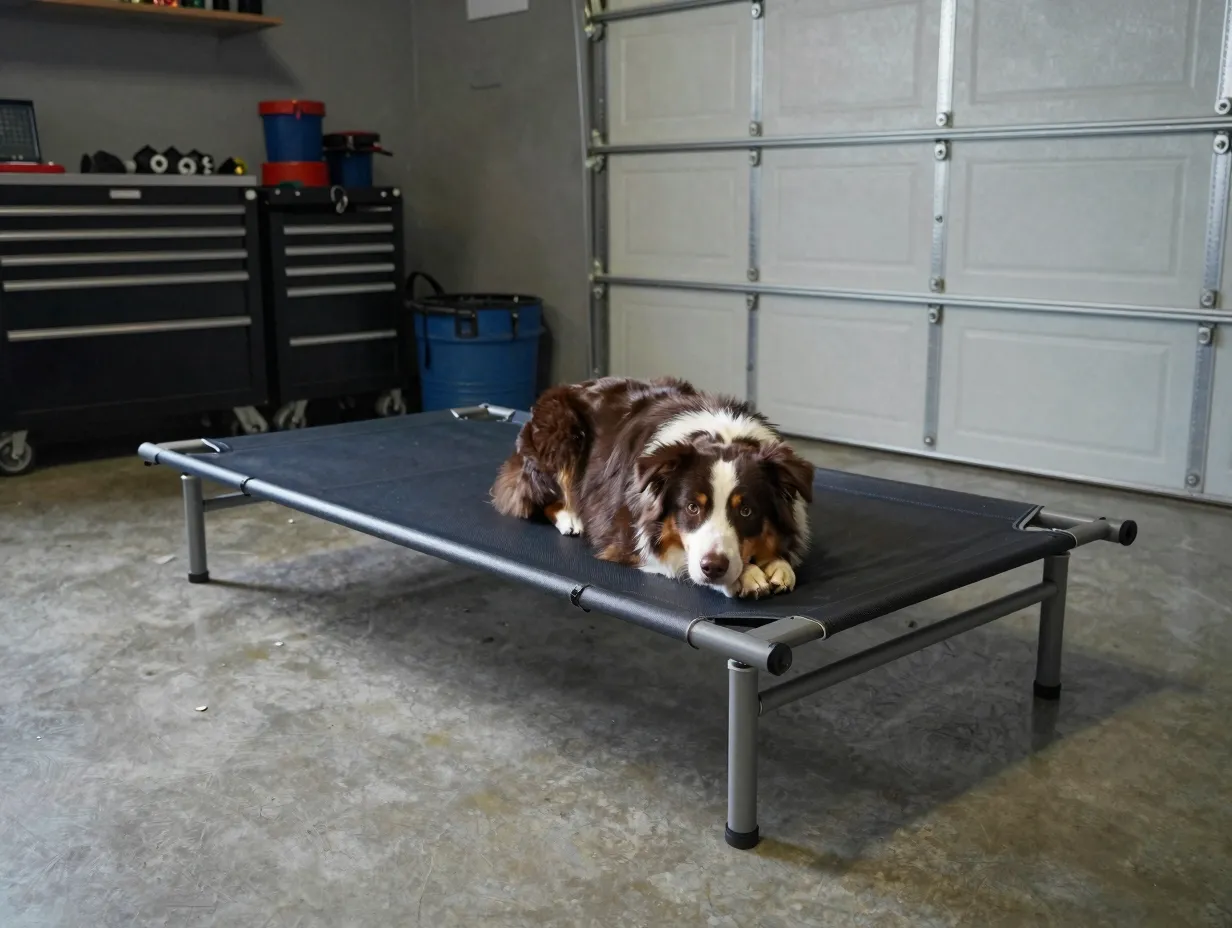 An australian shepherd resting on a large elevated cot bed in a garage