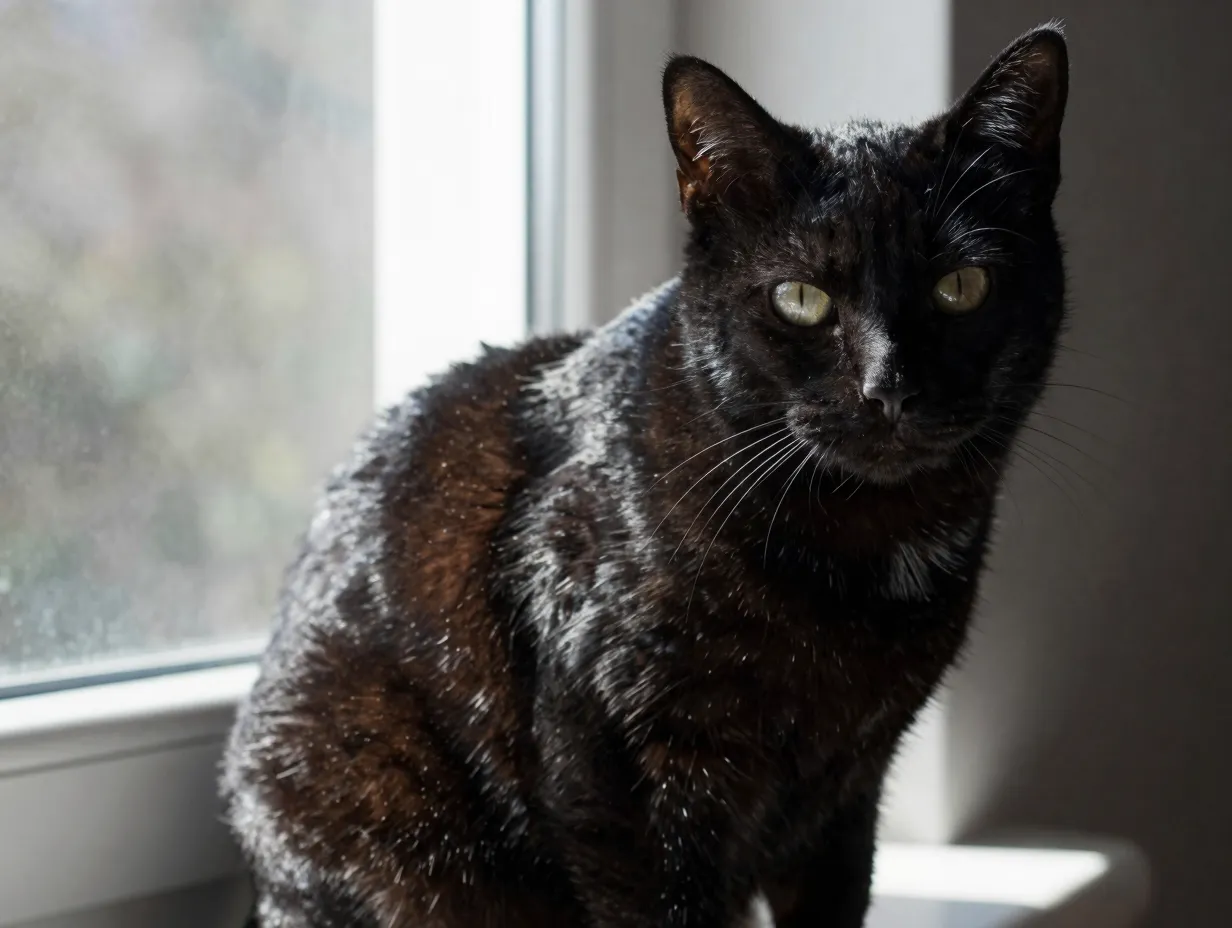 Solid black cat in sunlight revealing faint ghost stripes