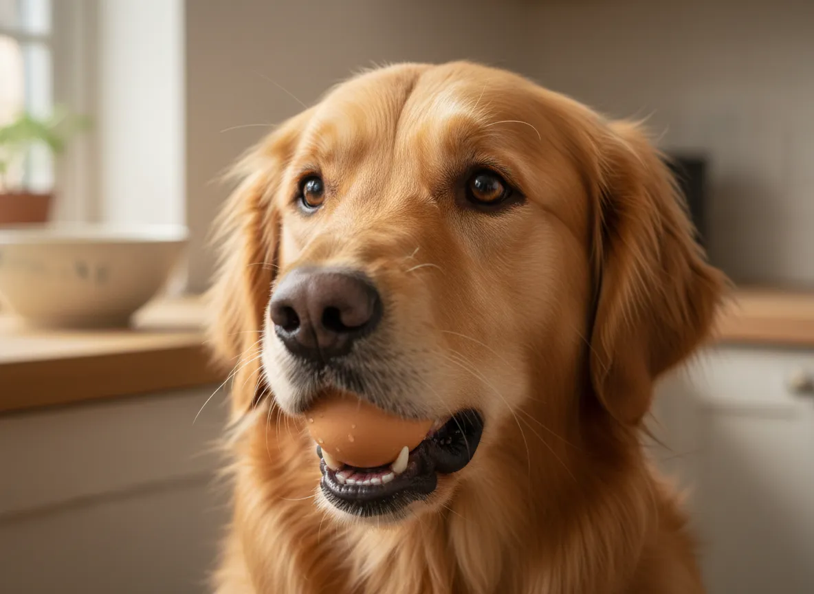 A golden retriever gently carrying a raw egg in its mouth