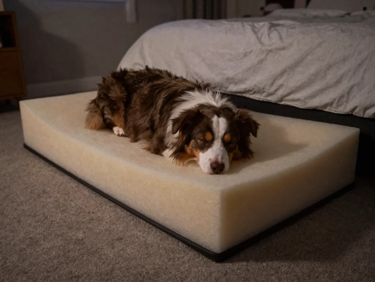 An australian shepherd sleeping on a thick orthopedic foam bed in a bedroom