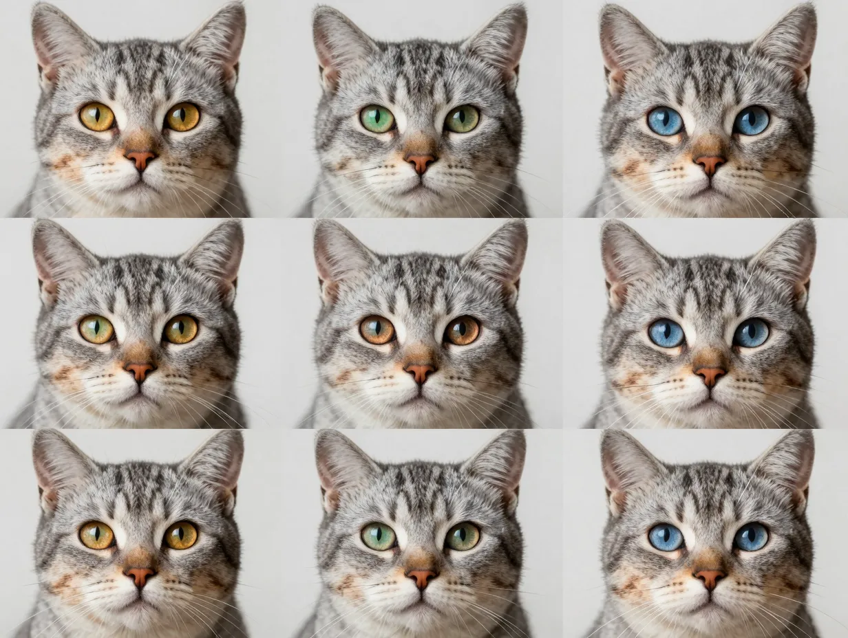 Gray tabby cats with yellow green copper hazel blue eyes