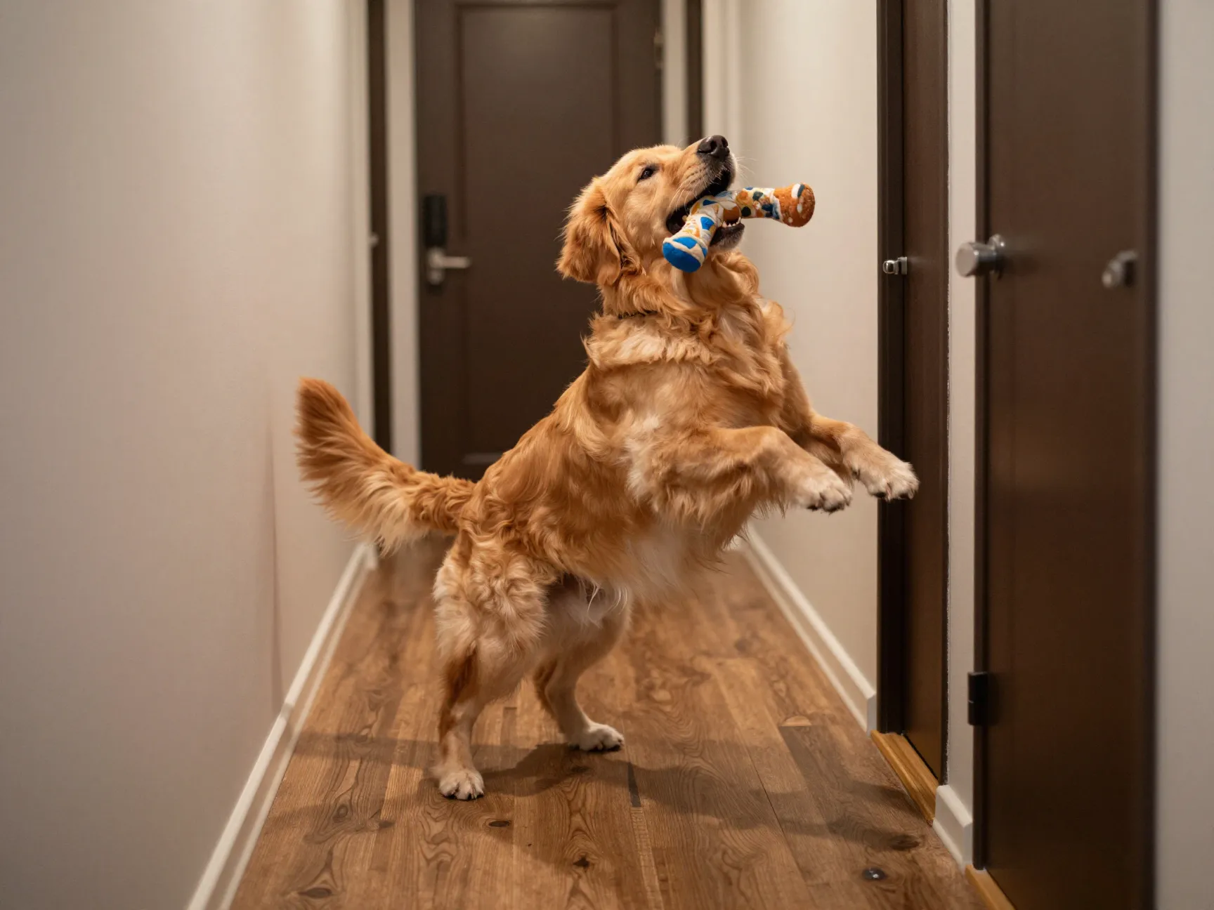 A golden retriever wiggling whole body greeting its owner at a door