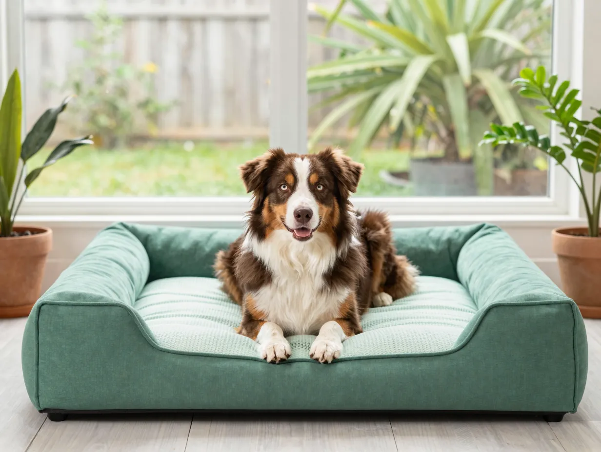 A large australian shepherd lying on a cooling gel memory foam bed in a sunroom