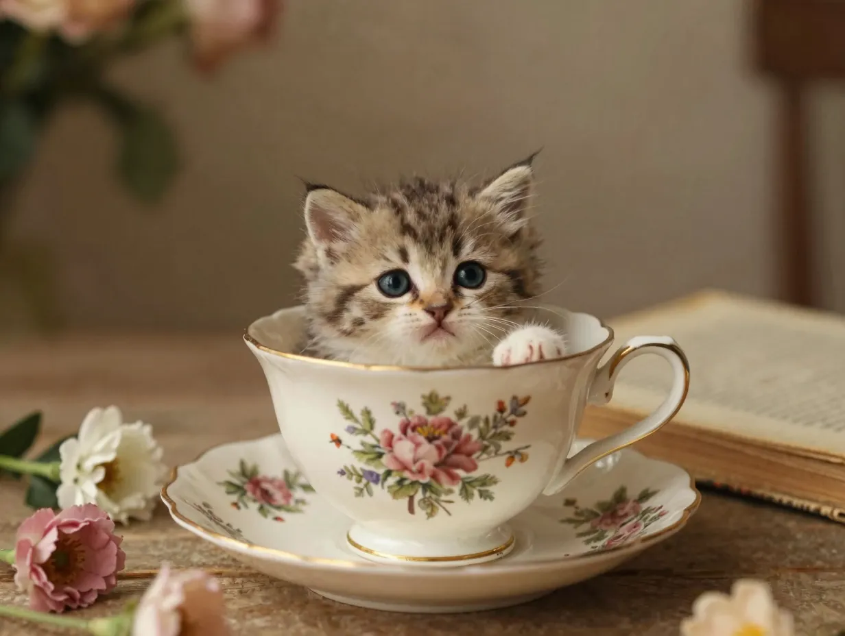 A tiny kitten nestled inside an oversized floral patterned teacup