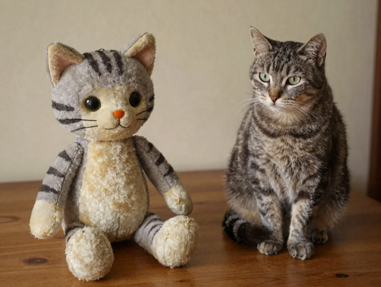 Vintage stuffed ithaca kitty toy next to gray tabby cat