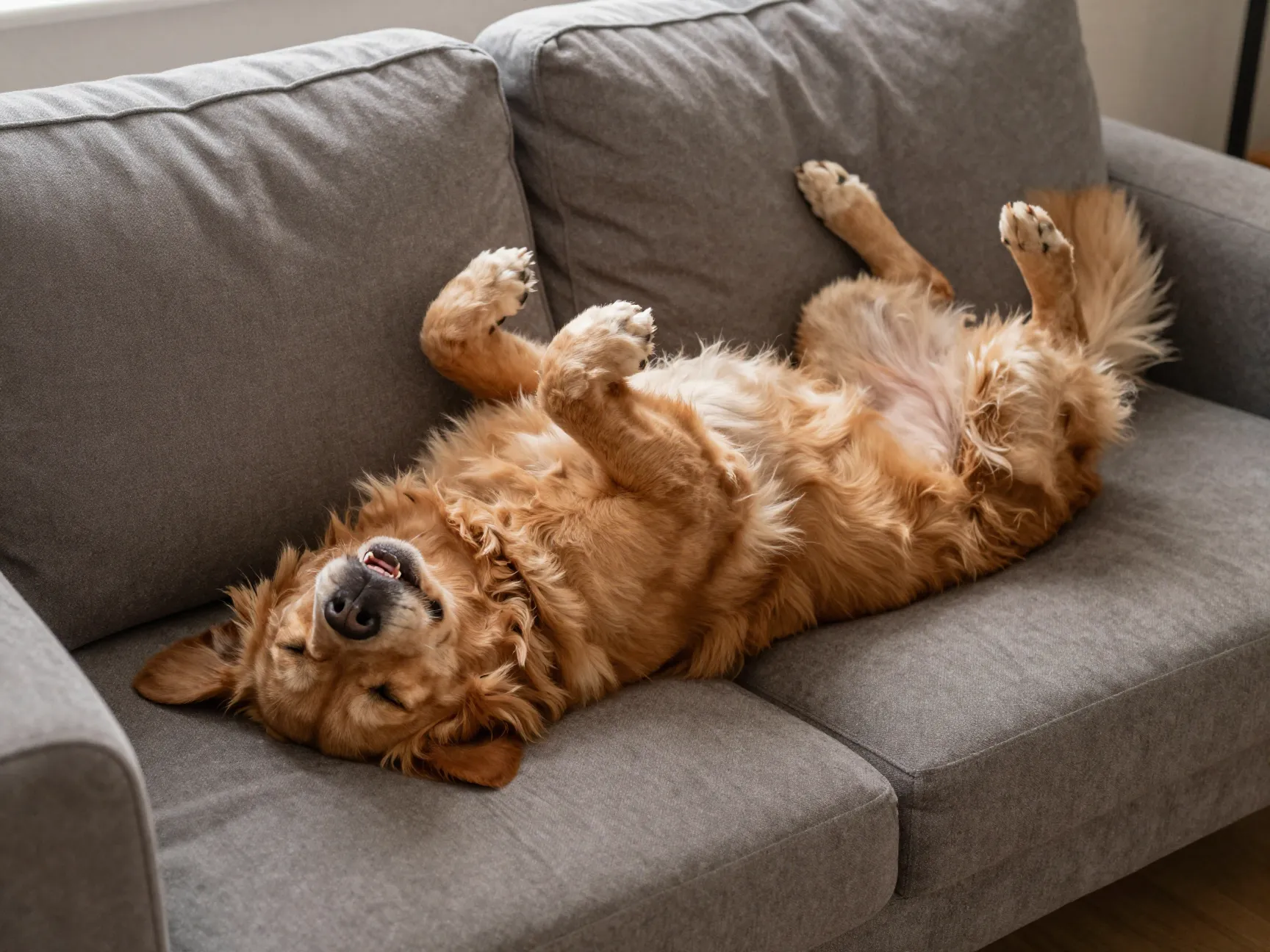 A golden retriever sleeping upside down on a couch with paws up
