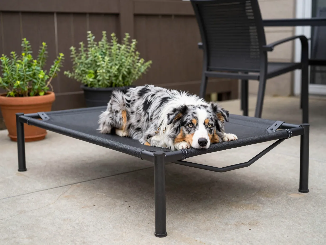 An australian shepherd resting on a durable elevated cot bed in a covered patio