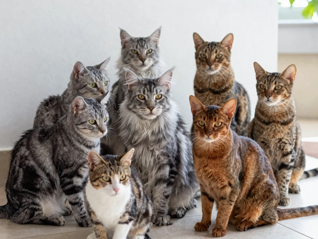 Diverse gray tabby cats mixed breed and purebred group photo