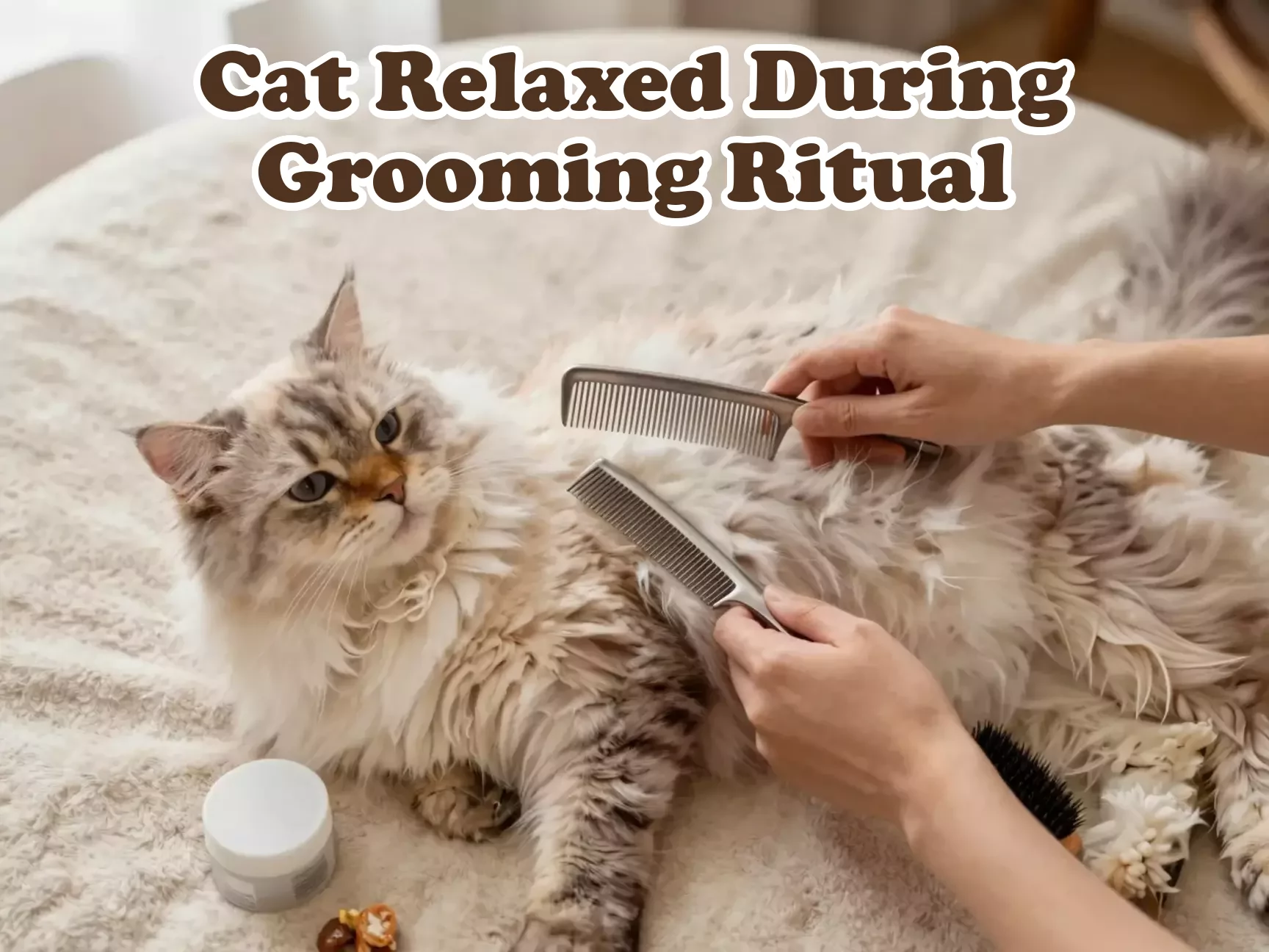 Long haired cat relaxed grooming metal comb bonding sunlight blanket main