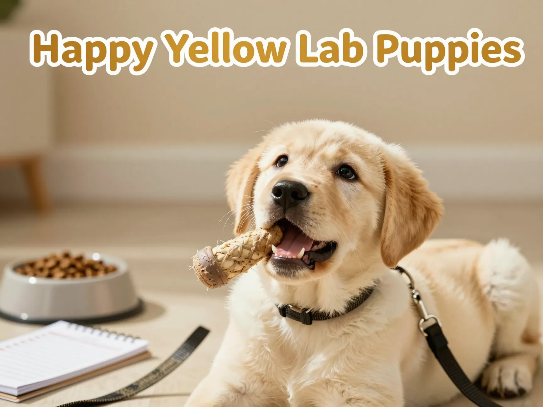 Yellow lab puppy chew toy leash collar kibble checklist care