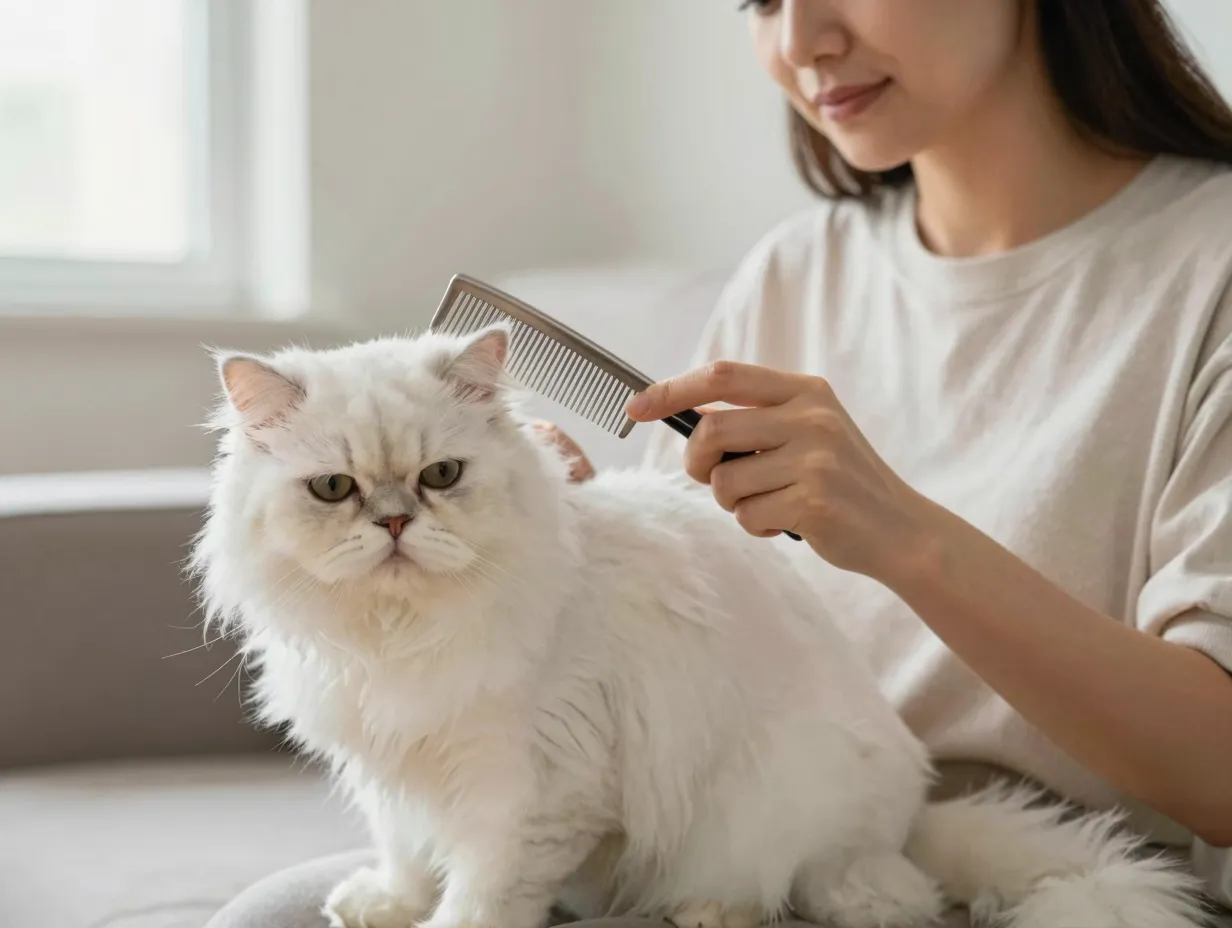 Calm woman grooming a white persian cat with wide tooth metal comb