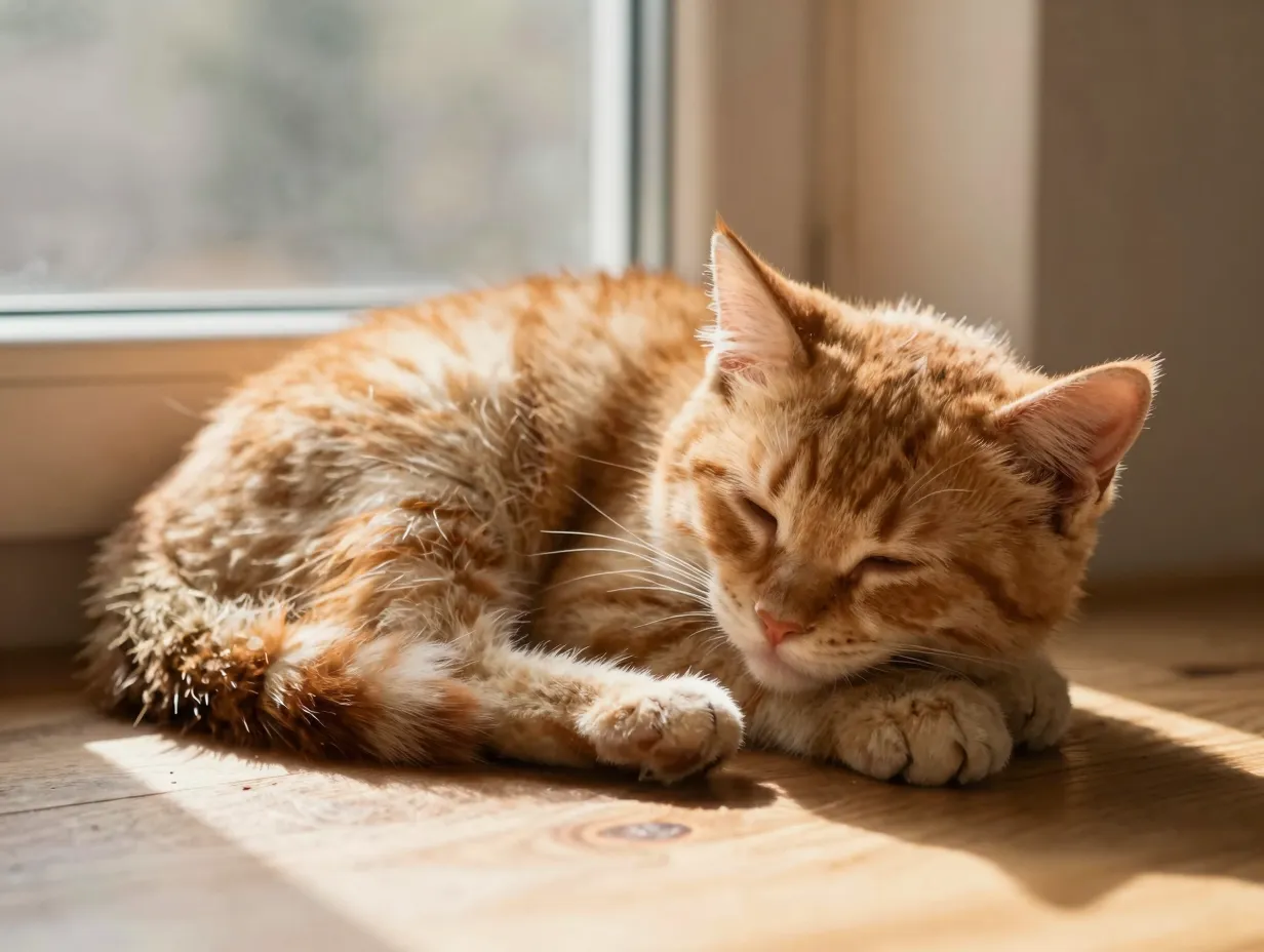 Fluffy orange kitten napping on sunny windowsill cozy sunbeam