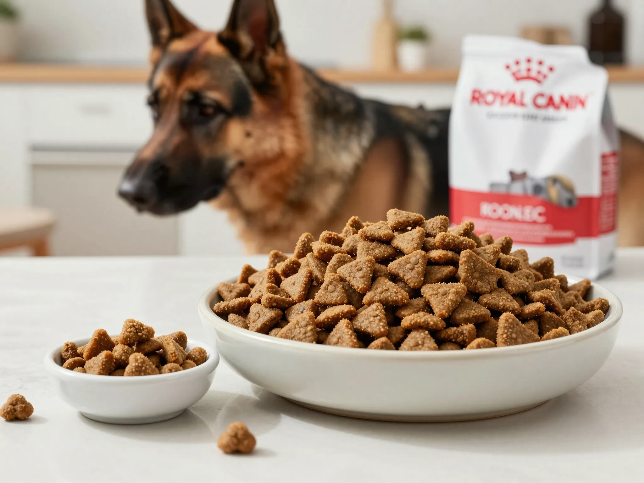 Royal canin breed specific adult german shepherd kibble feeding scene