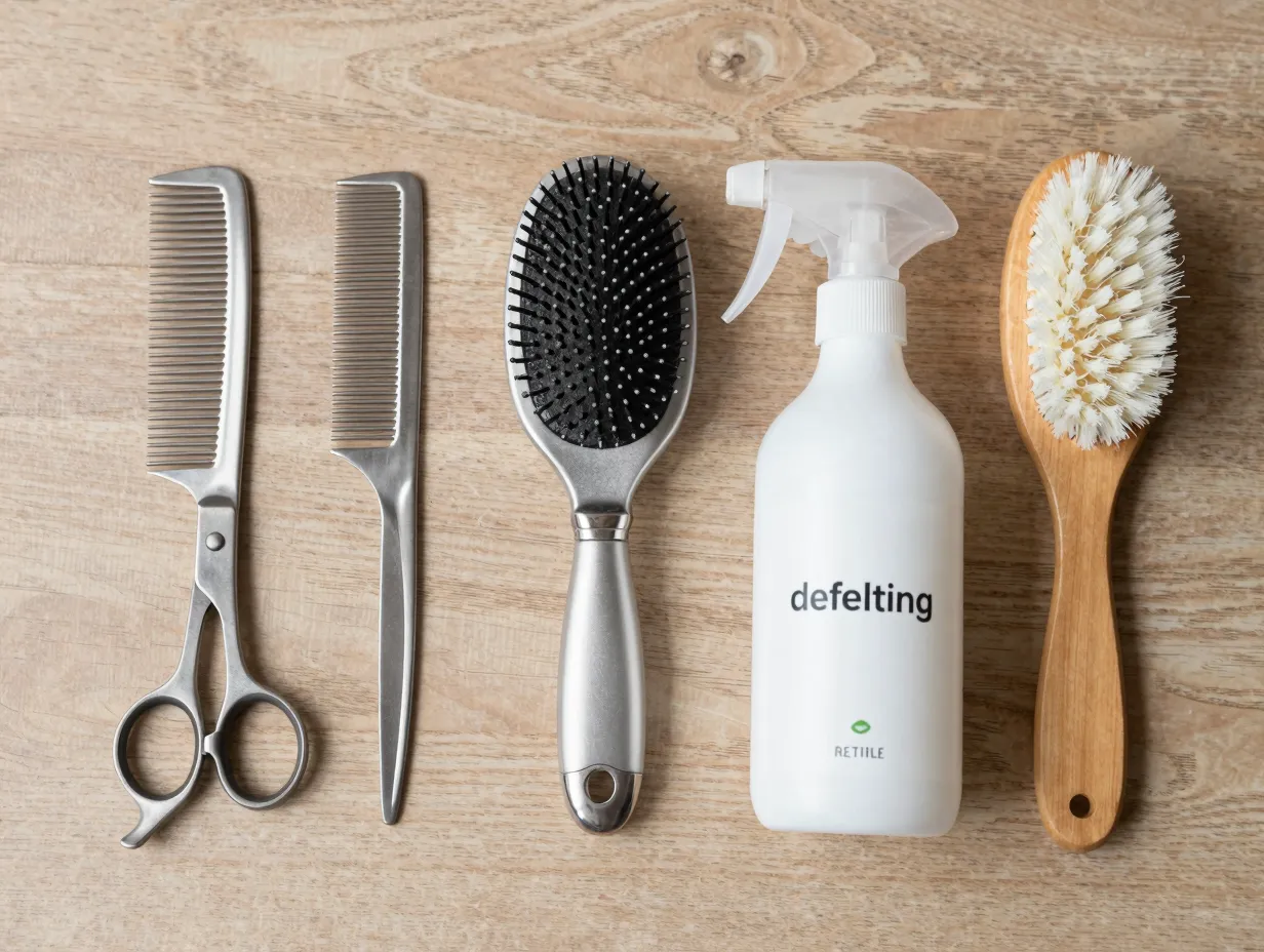 Essential grooming tools for long haired cats on wooden table