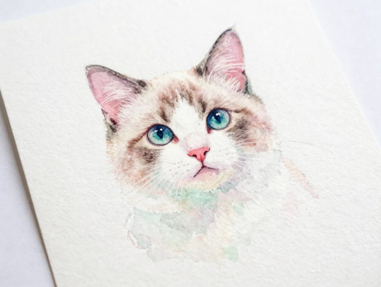 Pastel watercolor kitten illustration on textured paper artistic