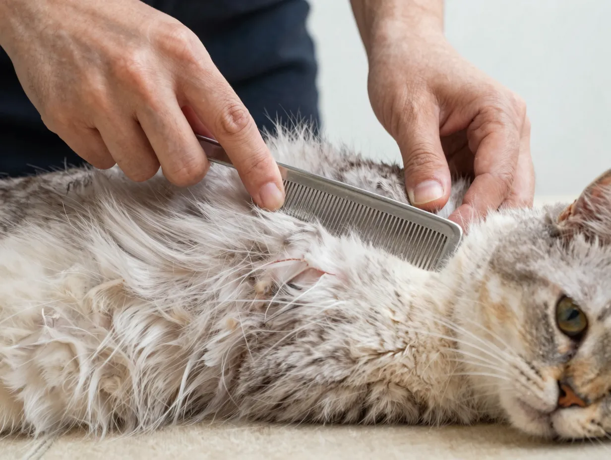 Person grooming cat starting at abdomen with metal comb