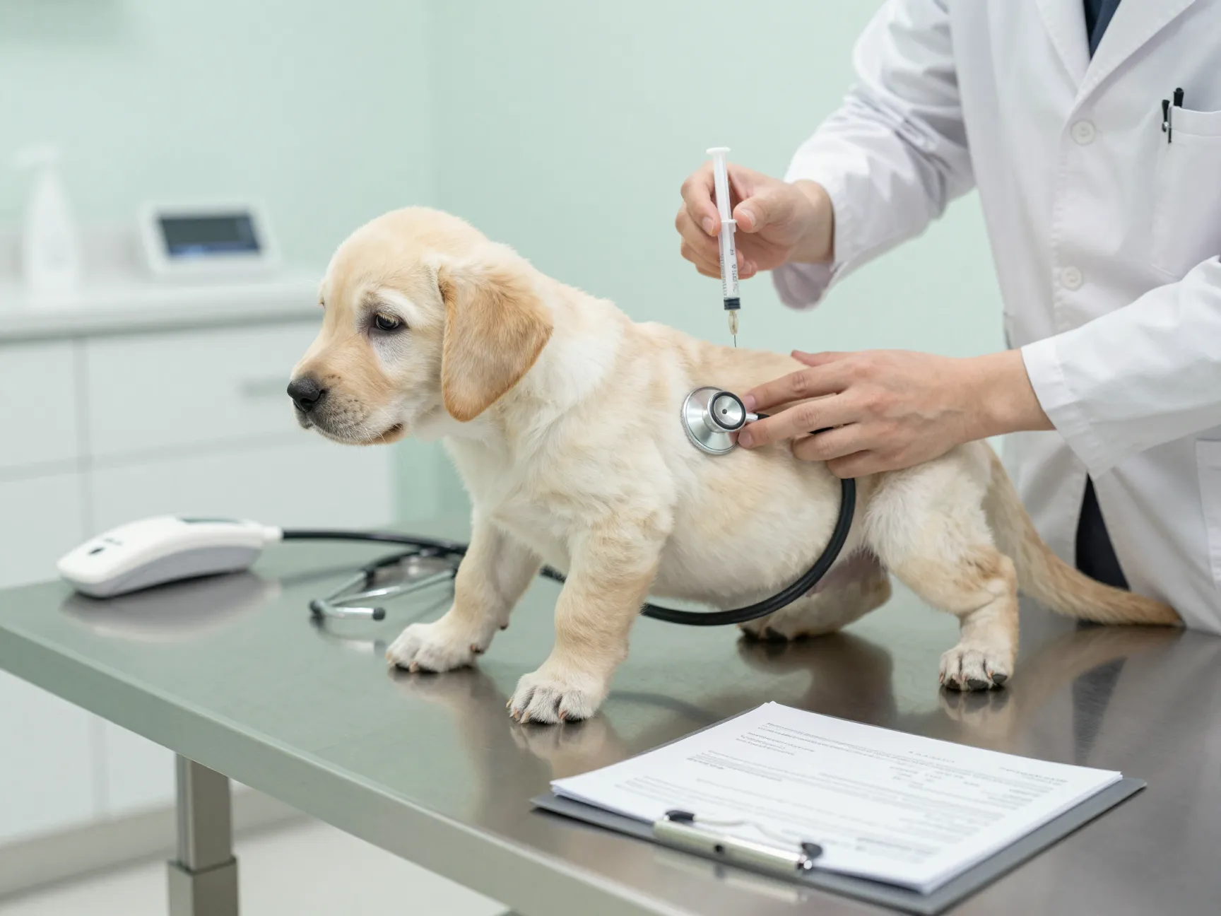 Veterinary clinic examination table for yellow lab puppy first checkup