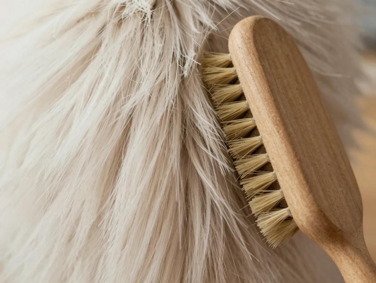 Close up of soft bristle brush gently stroking cats parted tail