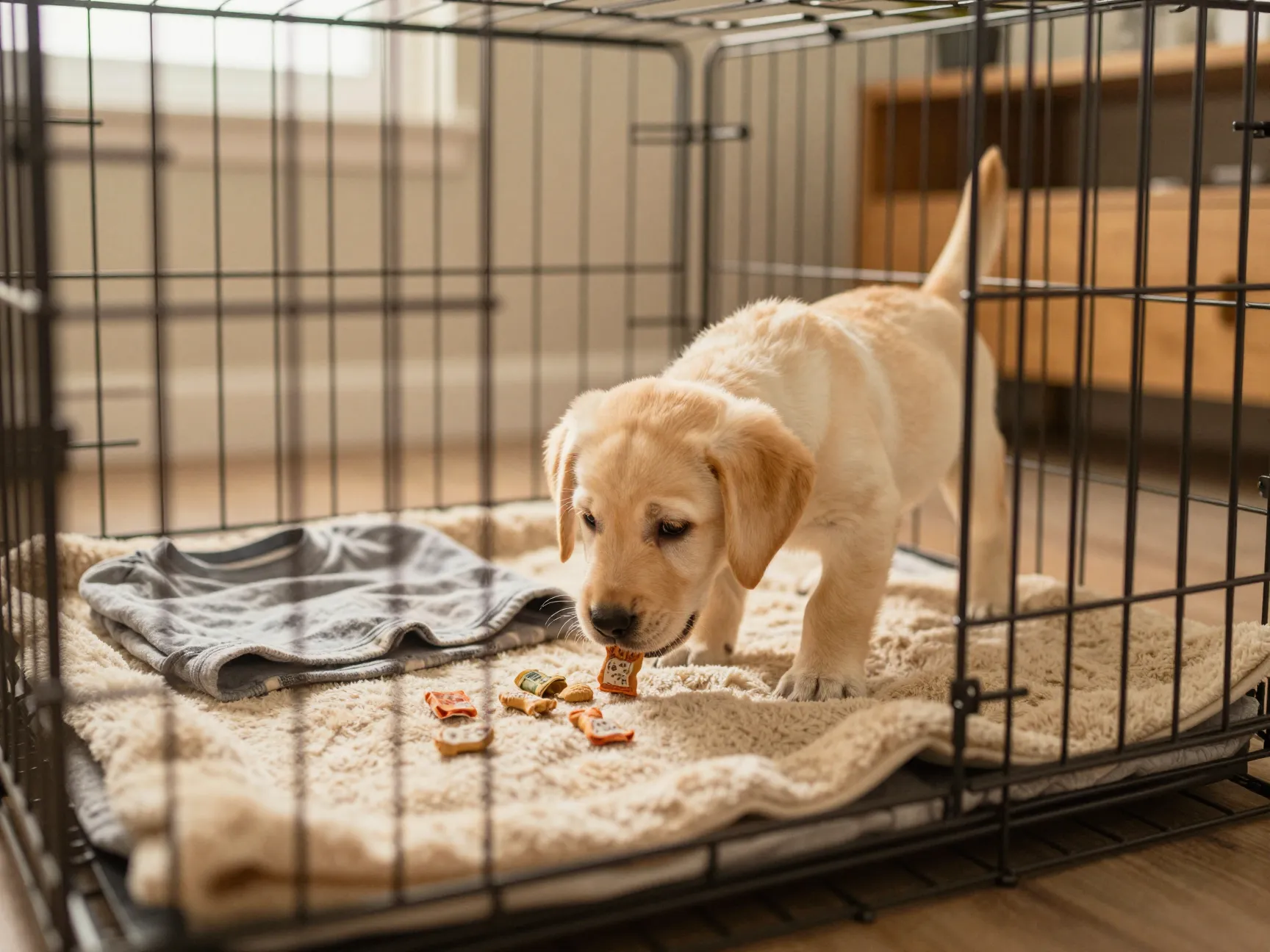 Yellow lab puppy exploring cozy crate with treats and soft blanket