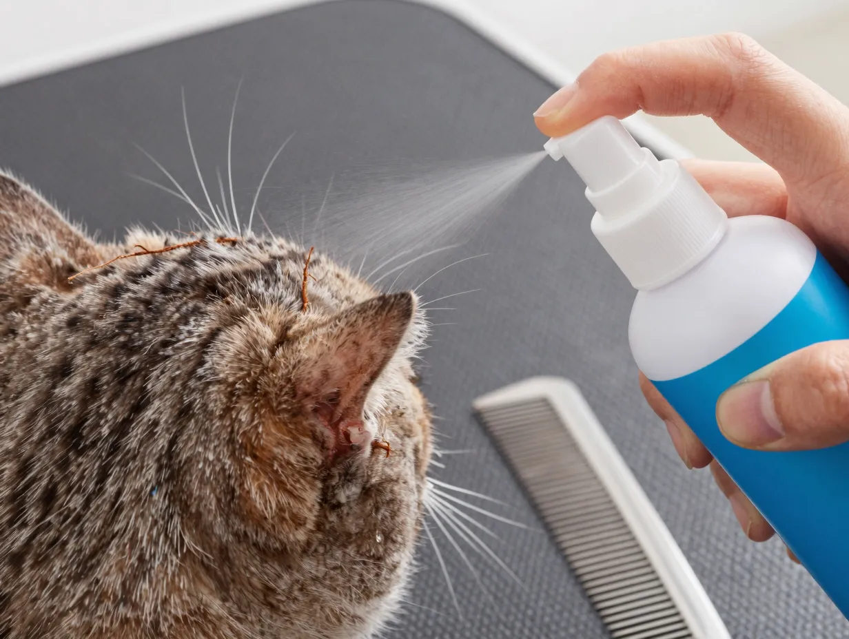 Applying defelting spray to a mat behind cats ear with comb