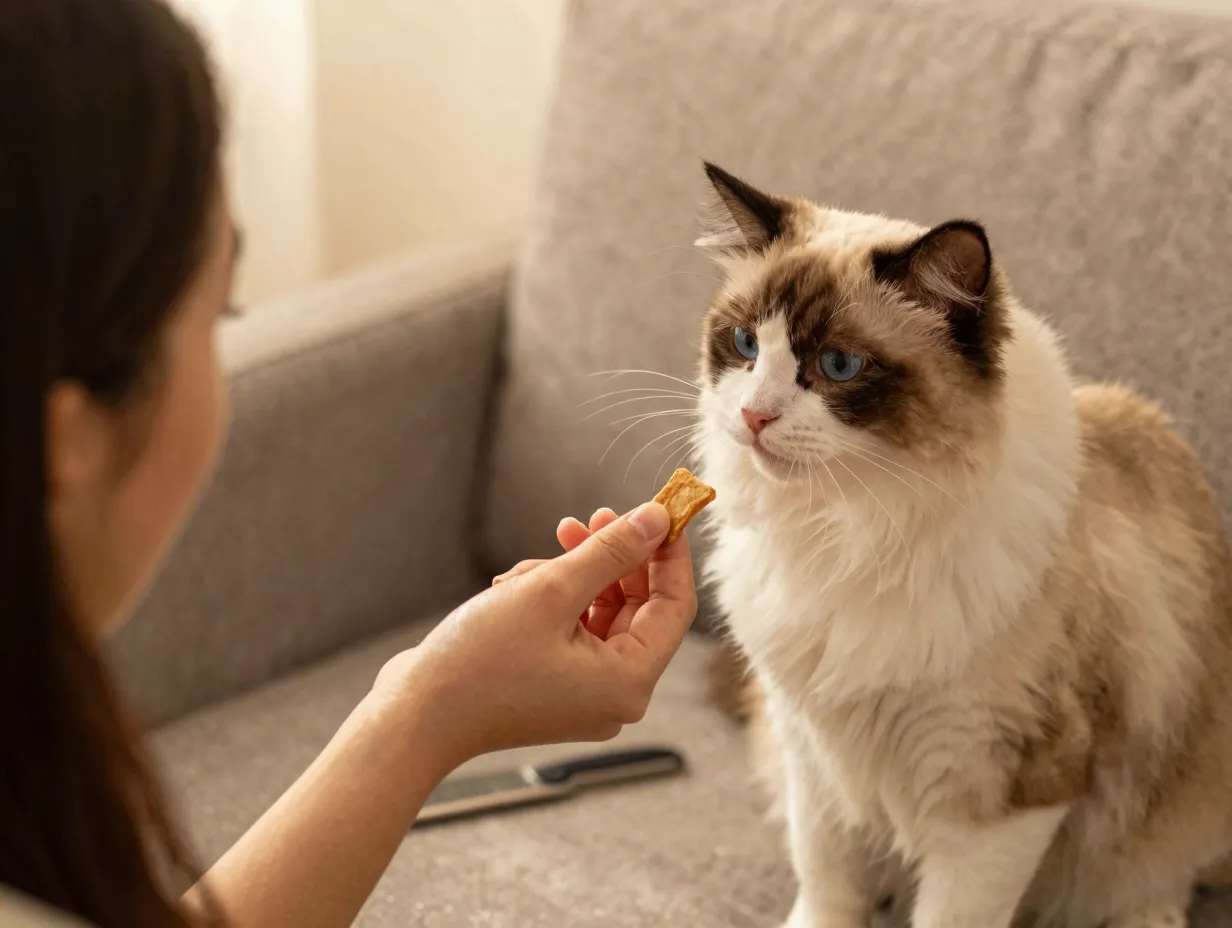 Person offering treat to cat after brief grooming session