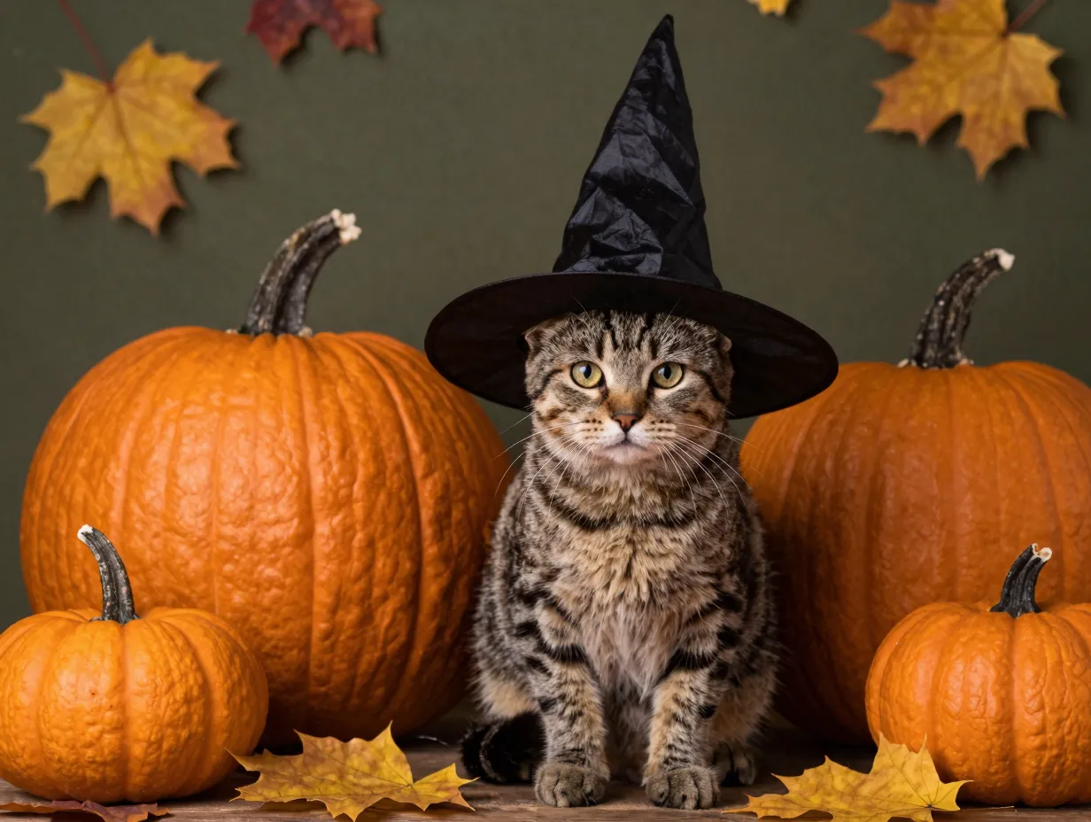 Tabby kitten wearing witch hat with pumpkin autumn halloween