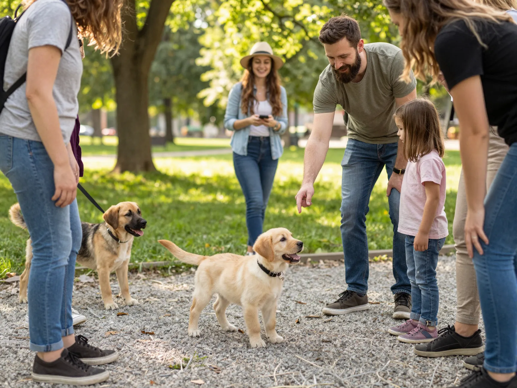 Yellow lab puppy socialization meeting diverse people in a park