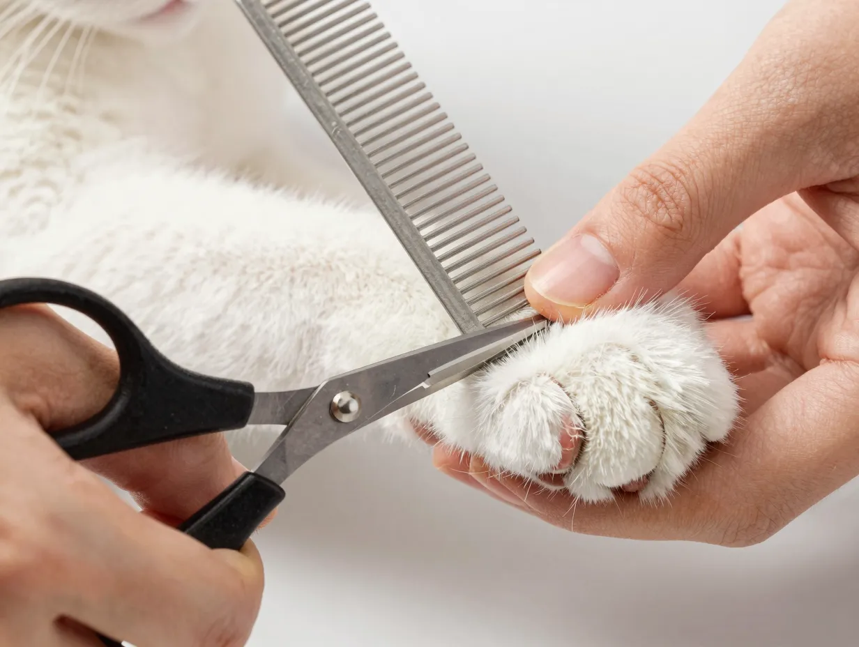 Blunt tipped scissors trimming fur near cats paw with comb barrier