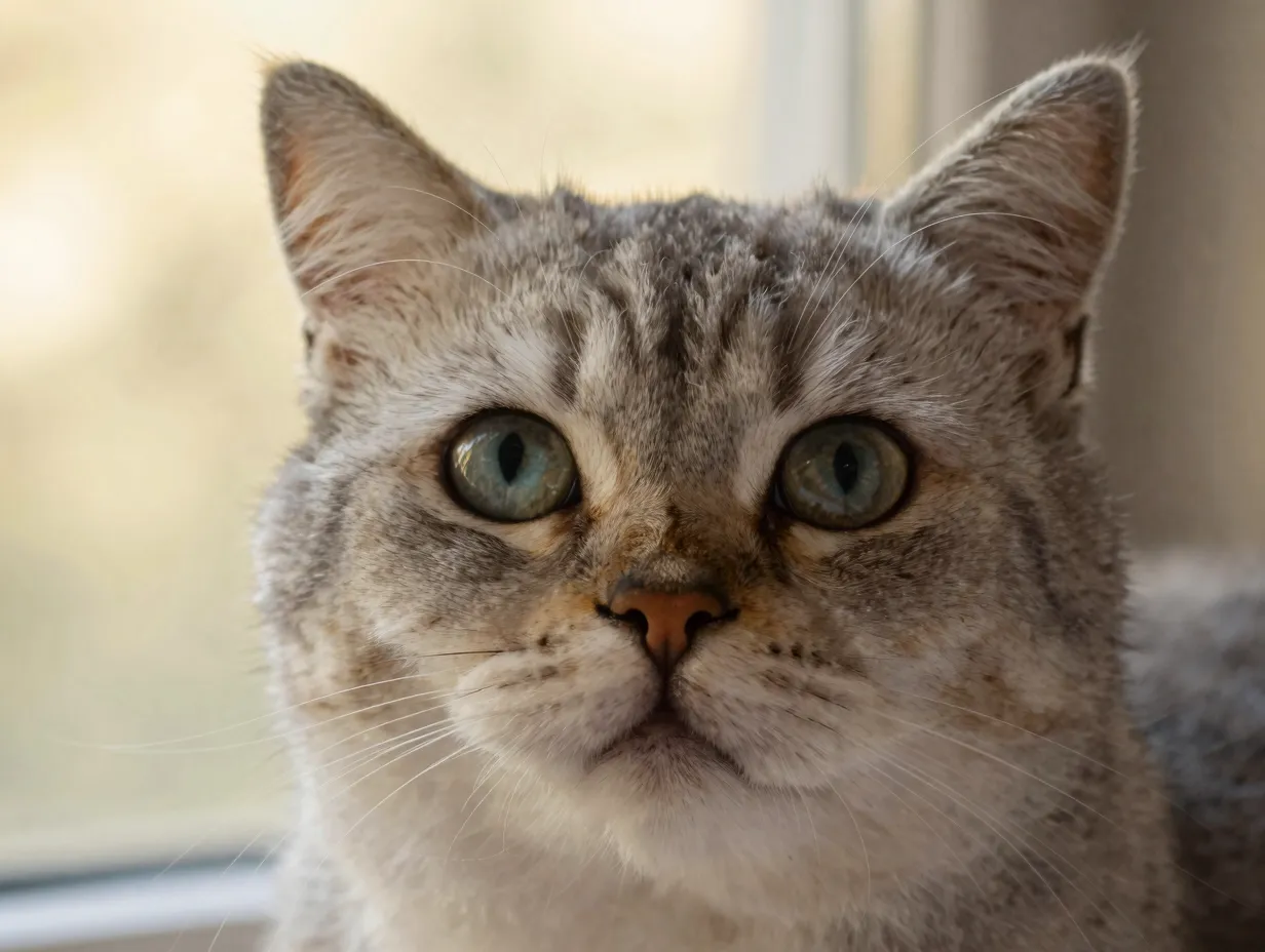 Close up portrait fluffy cat sharp eyes soft bokeh background