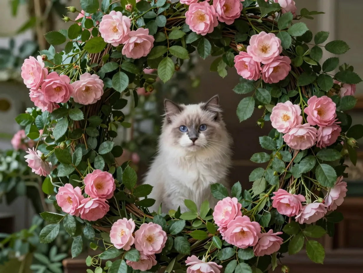 Kitten peeking through lush pink rose wreath botanical
