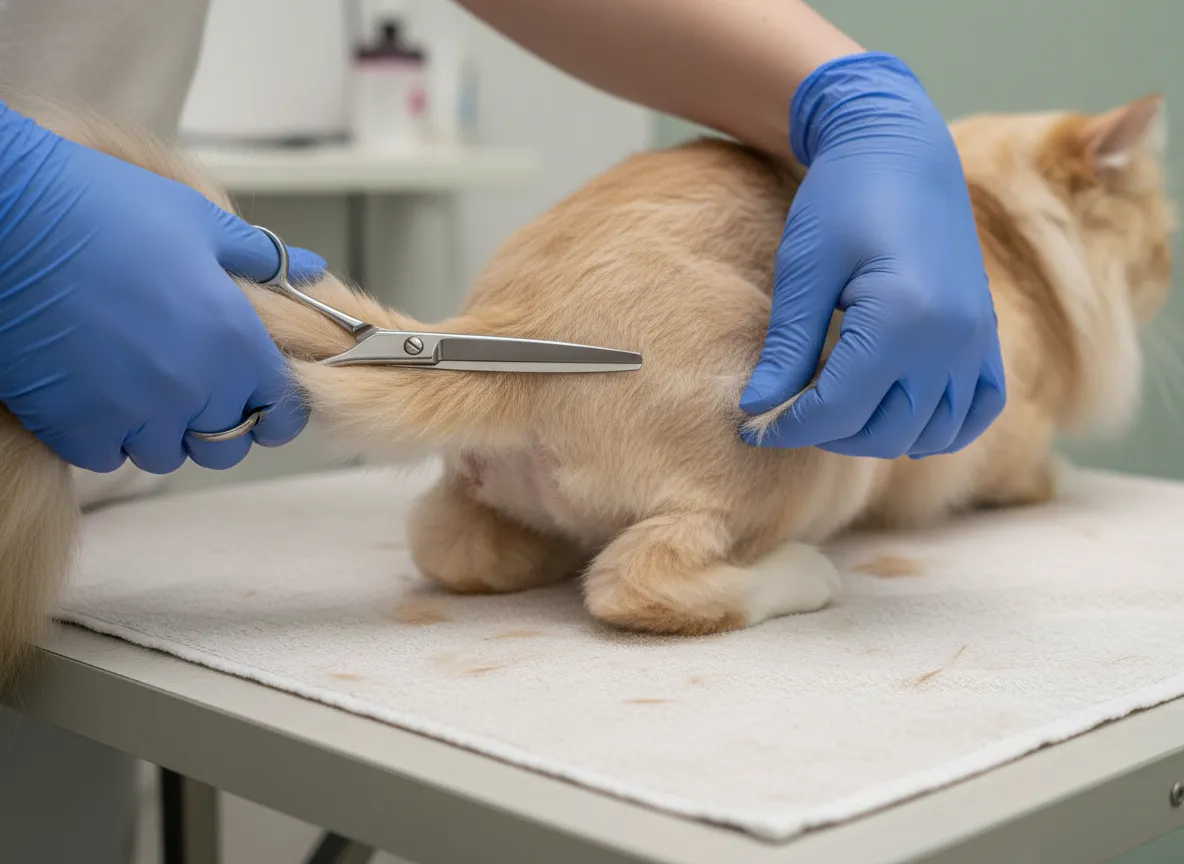 Sanitary trim being performed on long haired cats rear end