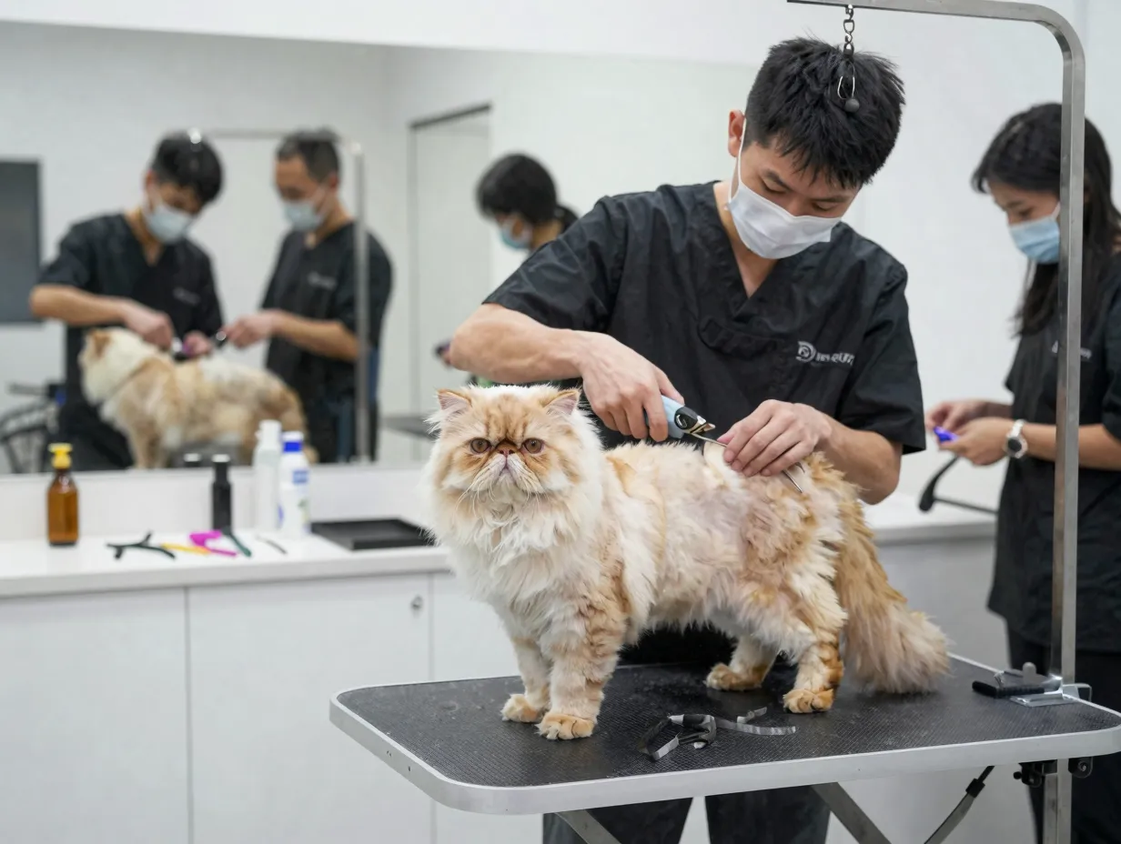 Professional groomer giving lion cut to persian cat in salon