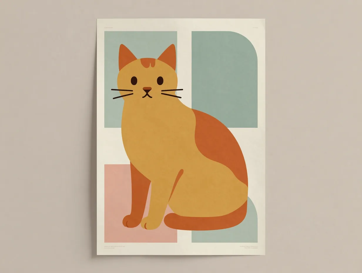 Vintage poster cat illustration muted earthy colors texture