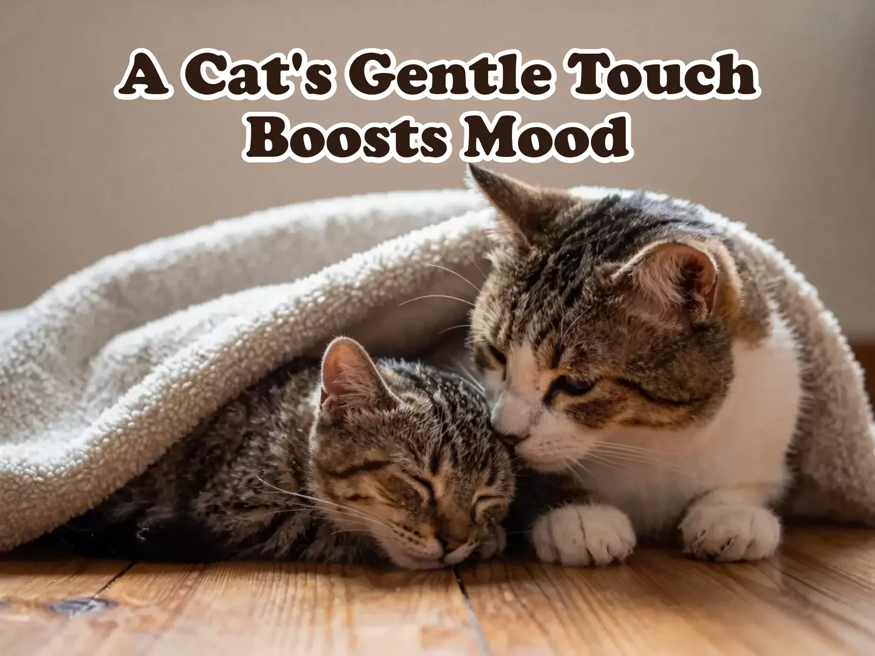 Mother cat nose kissing sleeping kitten on floor main