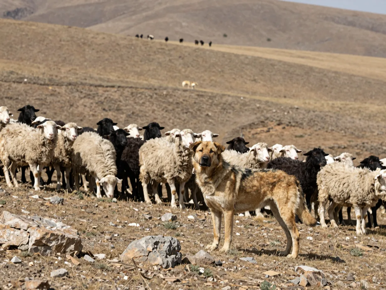 Kangal dog guarding flock against wolves on anatolian plateau