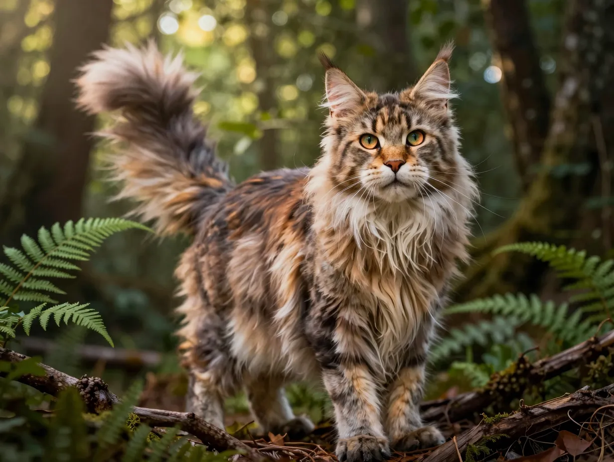 Majestic maine coon with flowing fur in enchanted forest setting